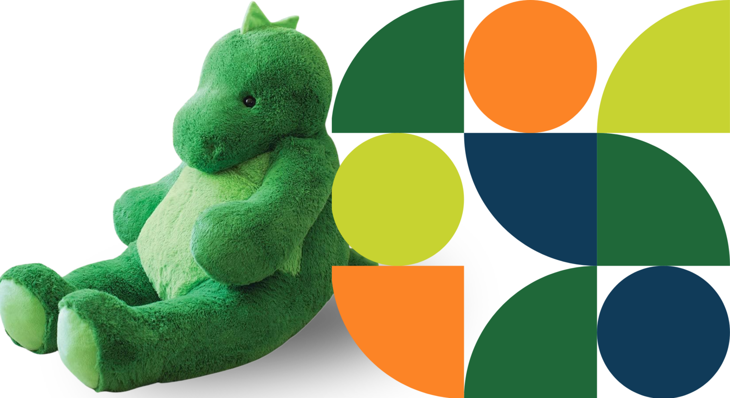 A green plush dinosaur toy next to an abstract geometric design with orange, yellow-green, navy blue, and forest green shapes.