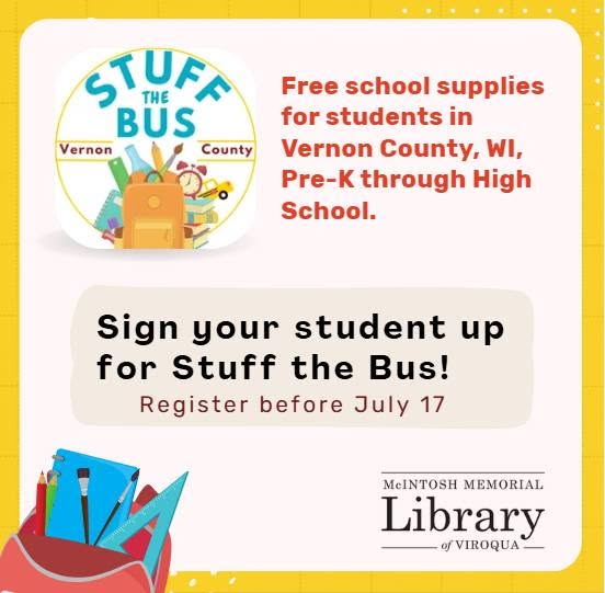 Graphic of a backpack and stuff the bus